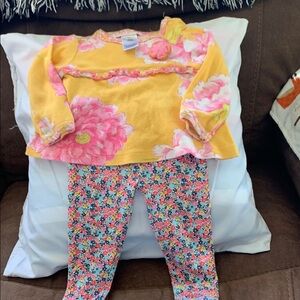 Baby lulus 9mo top yellow with pink flowers and carters floral 9 mo bottoms